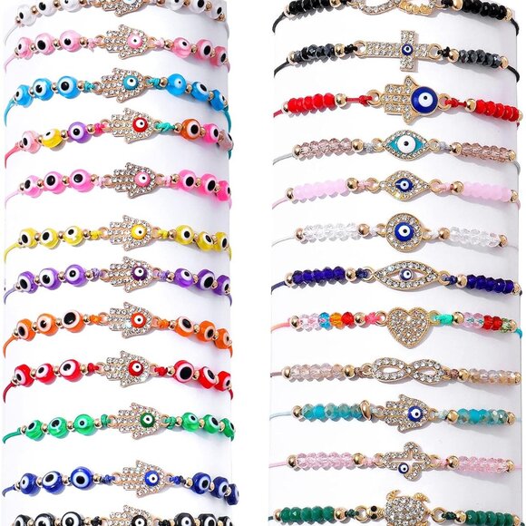 Evil Eye Bracelets Set Zinc Beaded Adjustable Protection Jewelry for Women Girls - Picture 1 of 7